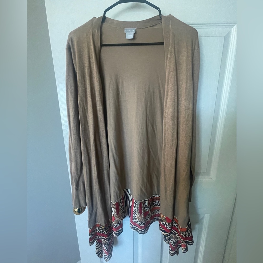 Chicos tan cardigan with silk animal print trim-size 1